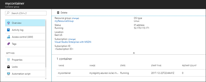 Exibição de detalhes de grupo de contêineres das Instâncias de Contêiner do Azure