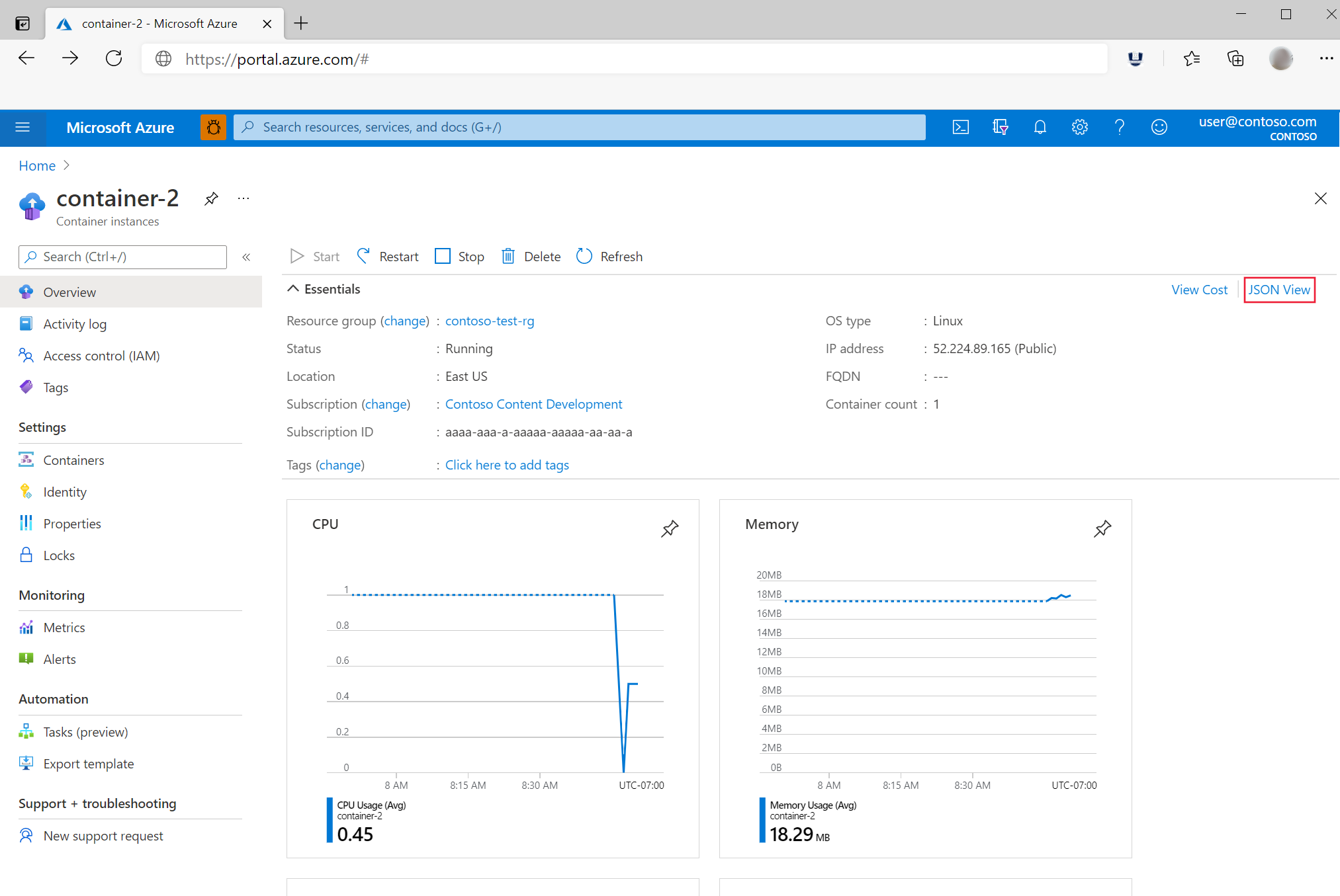 A folha Visão geral no portal do Azure é mostrada. O link 'Visualização de JSON' é realçado.