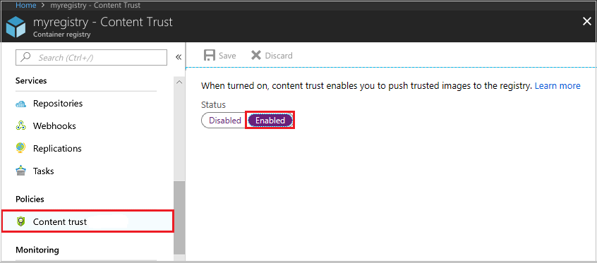 A captura de tela mostra como habilitar a confiança de conteúdo para um registro no portal do Azure.