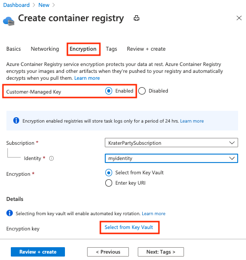 Captura de tela que mostra as opções para criar um Registro criptografado no portal do Azure.