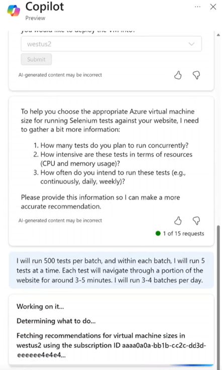 Captura de tela mostrando o Microsoft Copilot no Azure pedindo detalhes para ajudar a determinar o tamanho apropriado da VM.