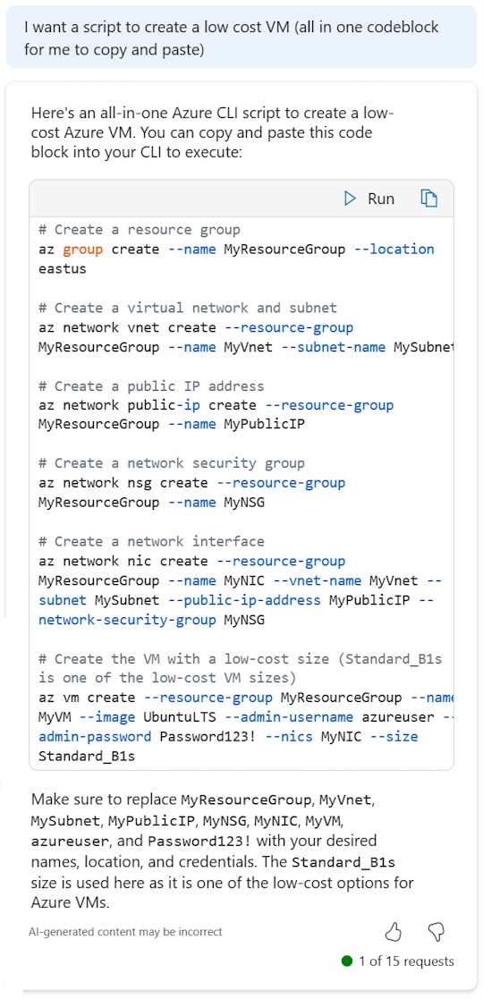 Captura de tela do Microsoft Copilot no Azure fornecendo um script da CLI do Azure para criar uma VM.