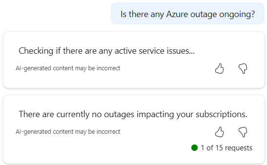 Captura de tela do Microsoft Copilot no Azure verificando se há problemas de integridade do serviço ativo.