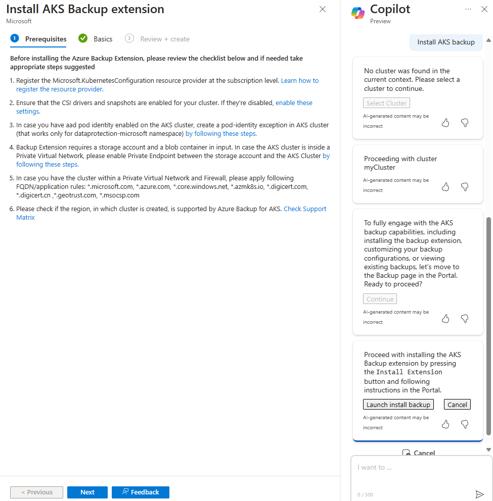Captura de tela mostrando o Microsoft Copilot no Azure iniciando o processo de instalação da extensão de backup para um cluster do AKS.