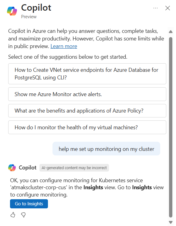 Captura de tela mostrando o Microsoft Copilot no Azure ajudando a configurar o monitoramento em um cluster do AKS.