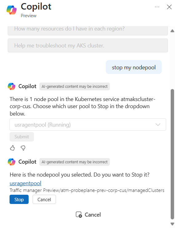 Captura de tela mostrando o Microsoft Copilot no Azure respondendo a uma solicitação para interromper um pool de nós do AKS.