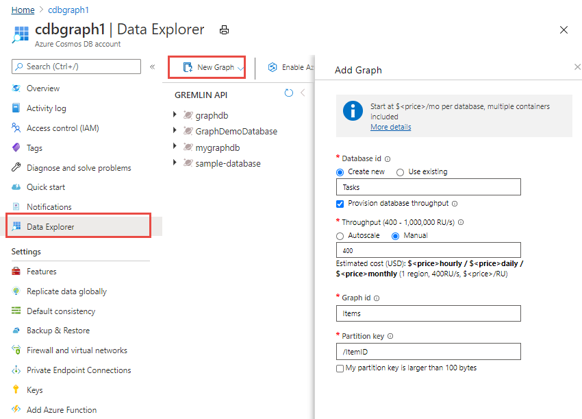 Captura de tela do Data Explorer ao criar um grafo com taxa de transferência no nível do banco de dados