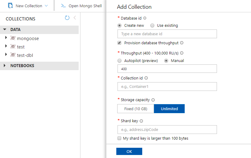 O Data Explorer do portal do Azure, painel Adicionar Contêiner