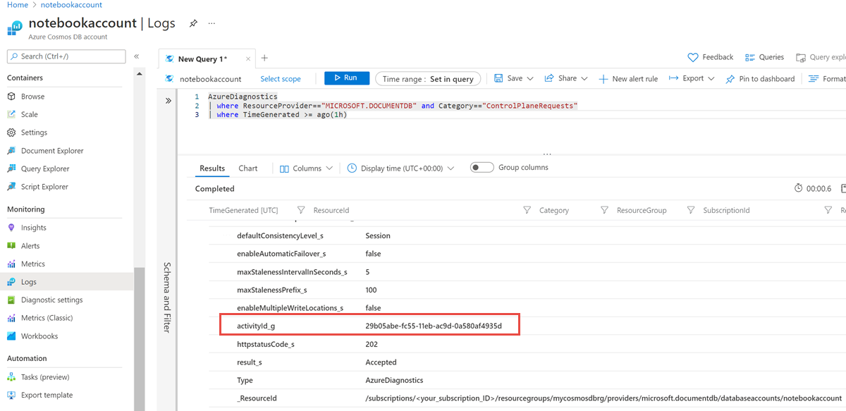 Logs do painel de controle quando uma VNet é adicionada