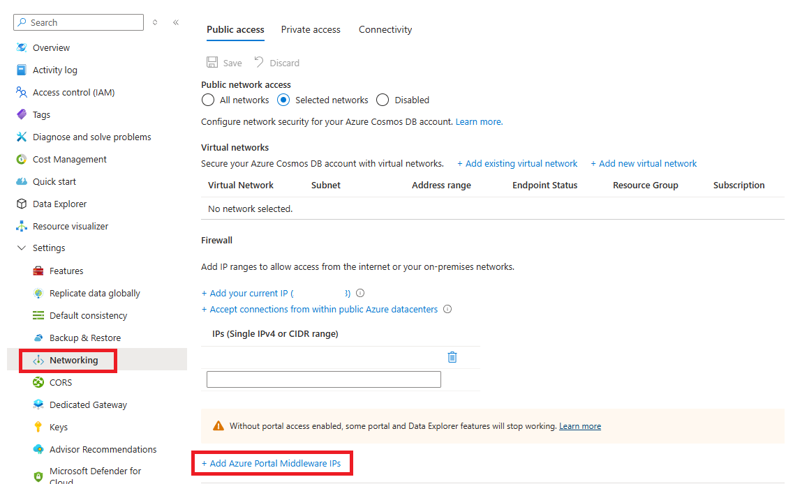 Captura de tela das opções para adicionar endereços IP de middleware à rede no portal do Azure.