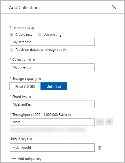 Captura de tela do Azure Cosmos DB for MongoDB, caixa de diálogo Adicionar contêiner