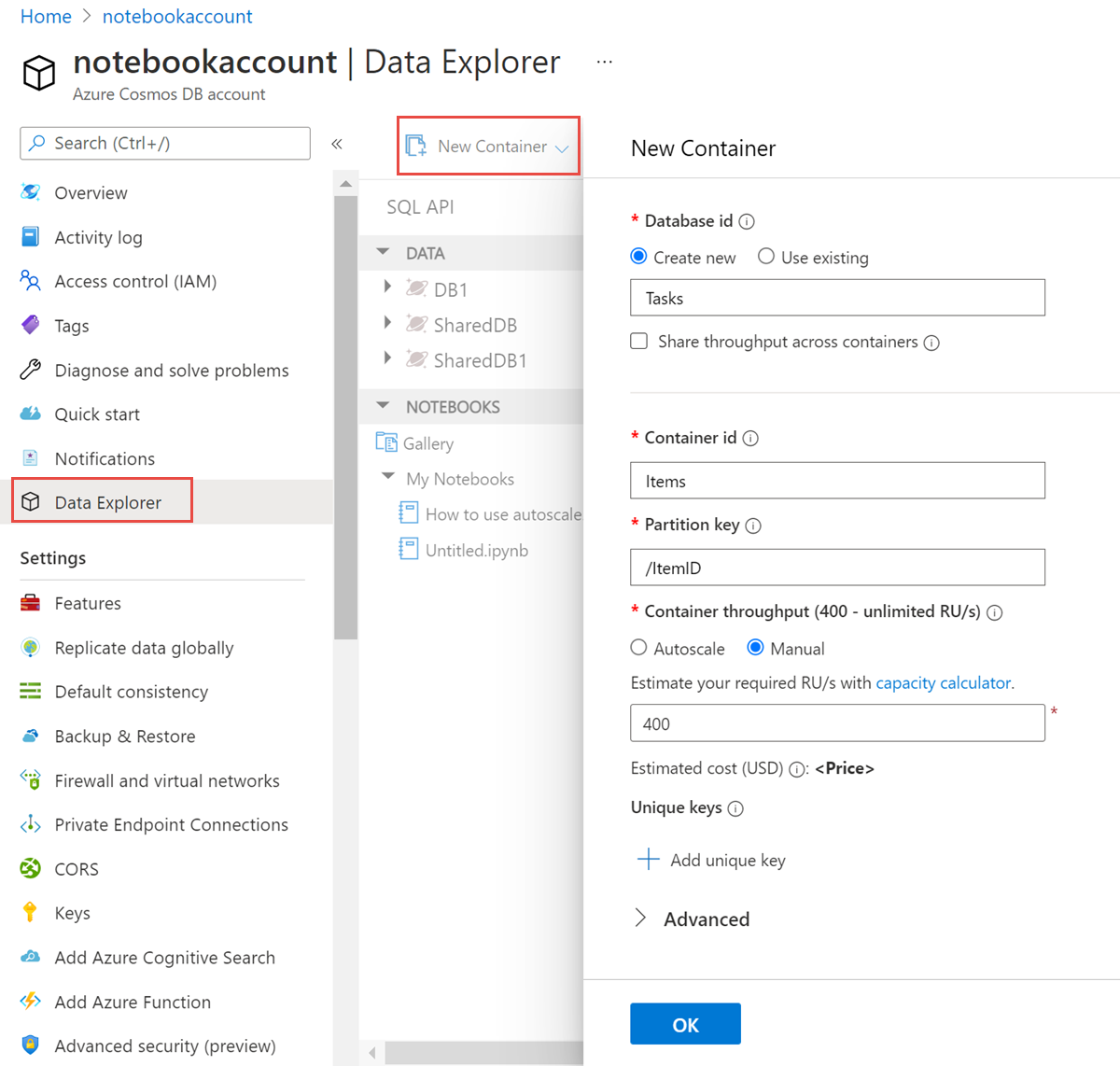 Captura de tela do Data Explorer, com Nova coleção realçado