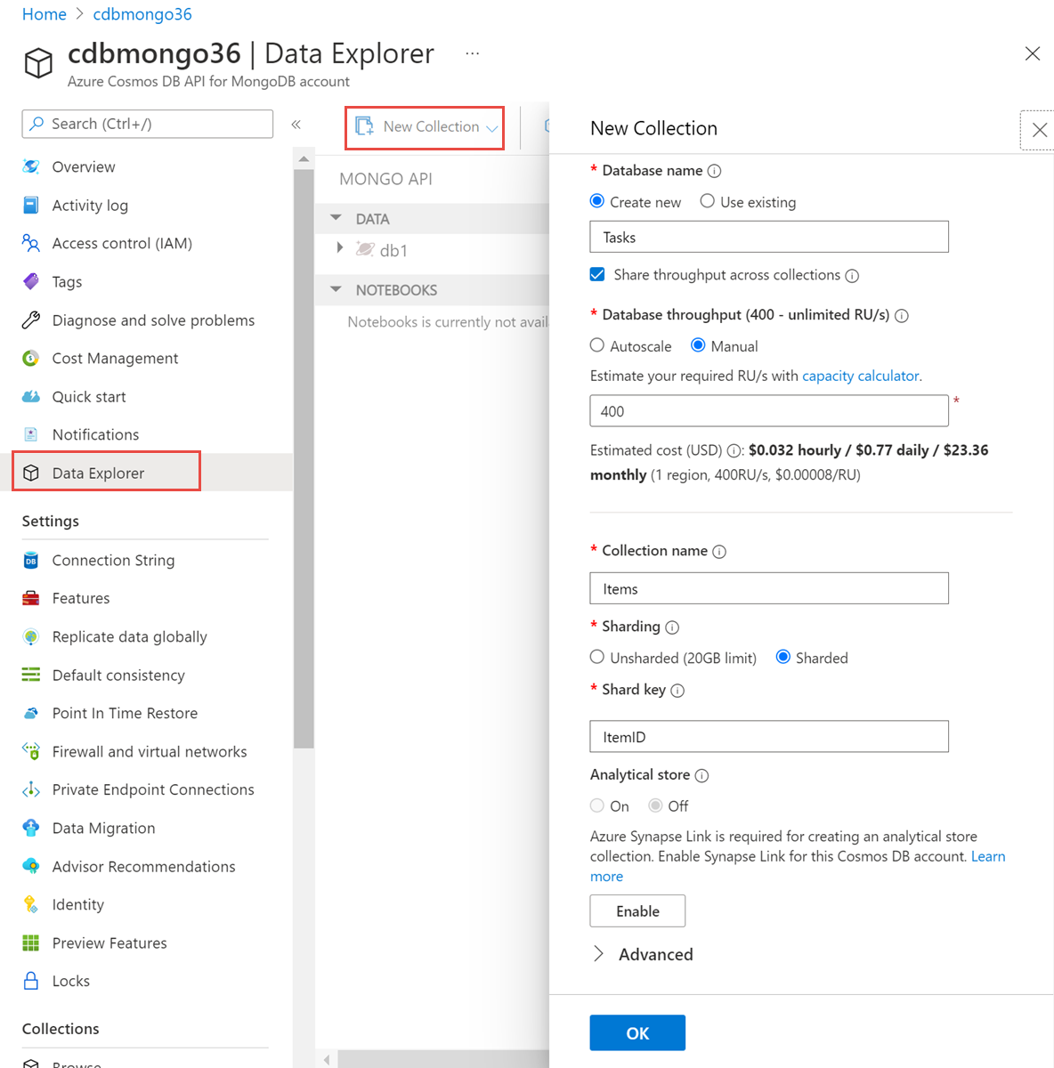 Captura de tela do Data Explorer ao criar uma coleção com taxa de transferência no nível do banco de dados