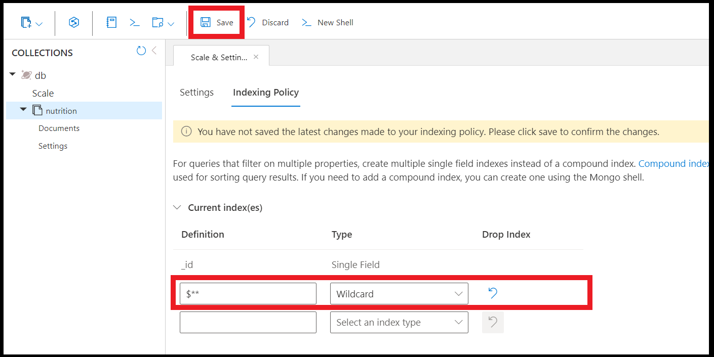 Adicionar índice curinga no editor de política de indexação