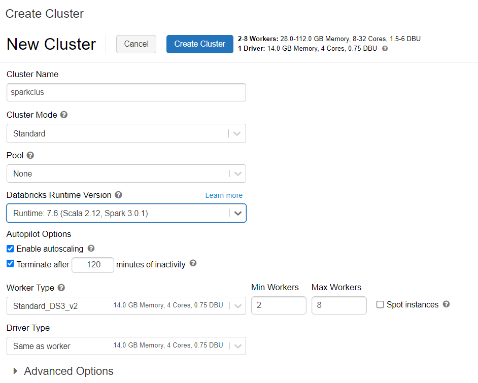 Diagrama de criação de cluster do databricks.