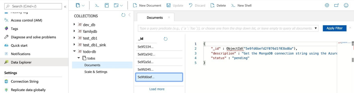 Data Explorer mostrando o documento recém-criado