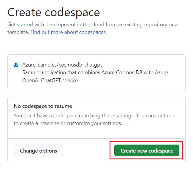 Captura de tela da tela de confirmação antes de criar um novo codespace.