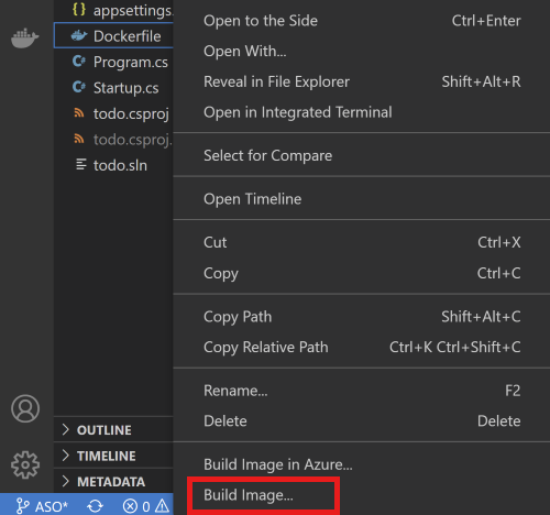 Captura de tela do menu de contexto no Visual Studio Code com a opção Compilar imagem selecionada.