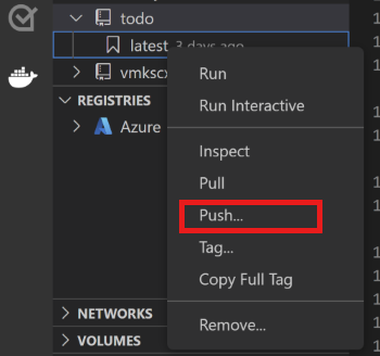 Captura de tela do menu de contexto no Visual Studio Code com a opção Efetuar push selecionada.