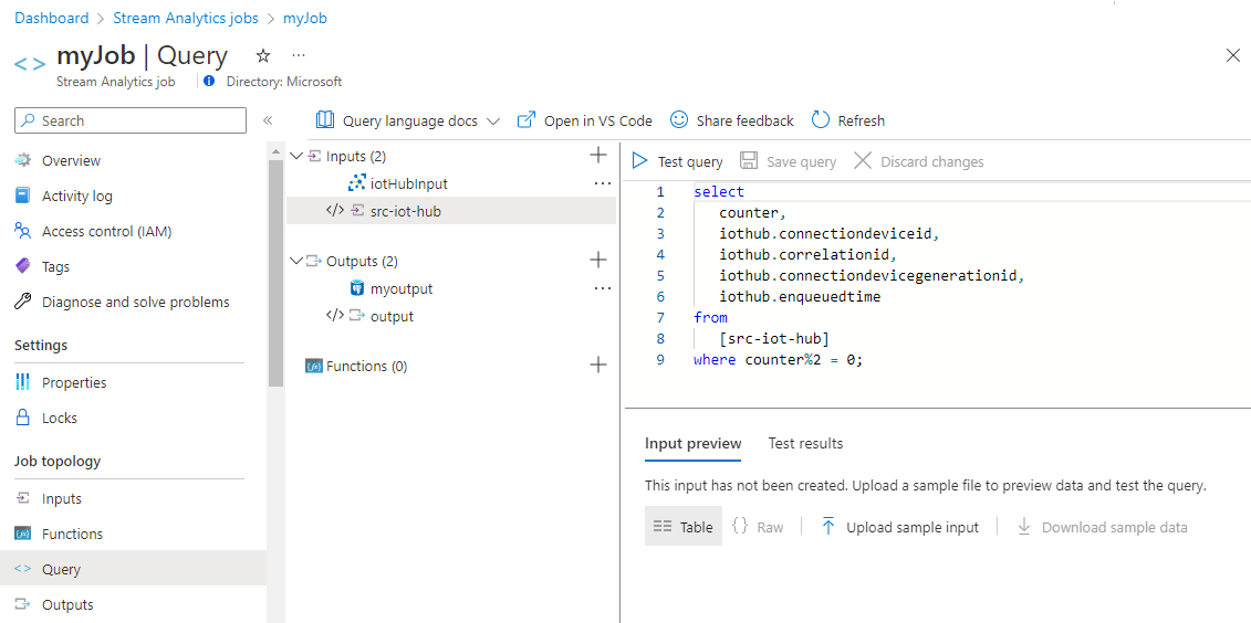 Consulta de transformação no Azure Stream Analytics.