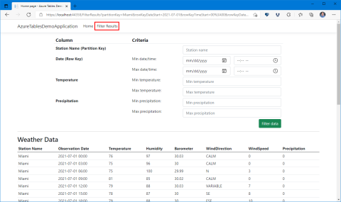 Uma captura de tela do aplicativo que mostra a página de resultados do filtro e realça o item de menu usado para navegar até a página.