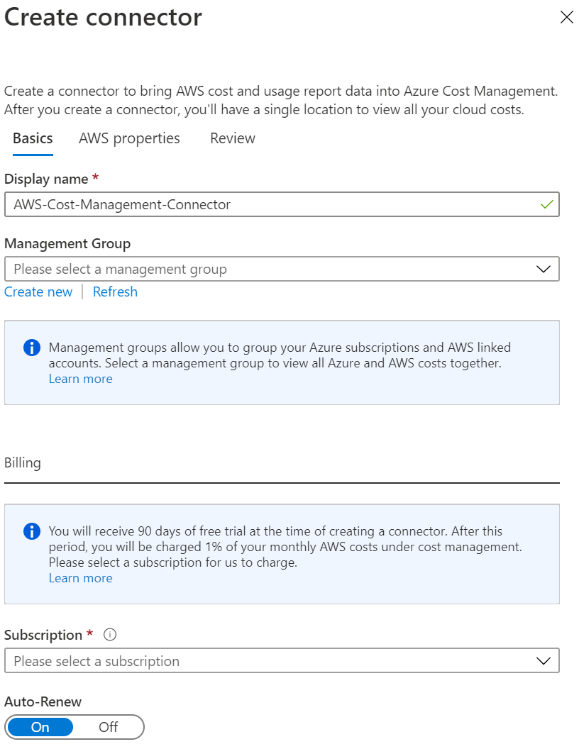 Captura de tela mostrando a página Criar conector em que você configura e um conector do AWS.