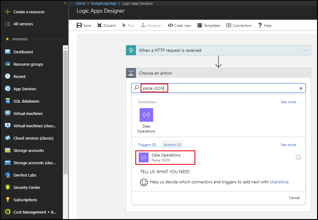 Captura de tela mostrando operações de dados – analisar JSON.