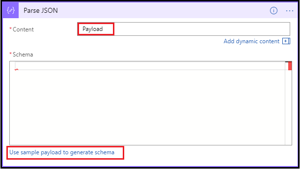 Captura de tela mostrando Usar dados JSON de exemplo para gerar conteúdo de esquema.