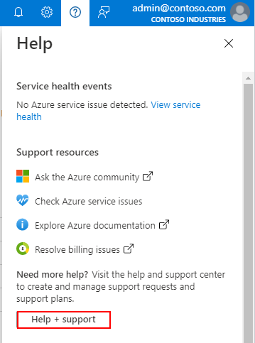 Captura de tela do menu Ajuda no portal do Azure.