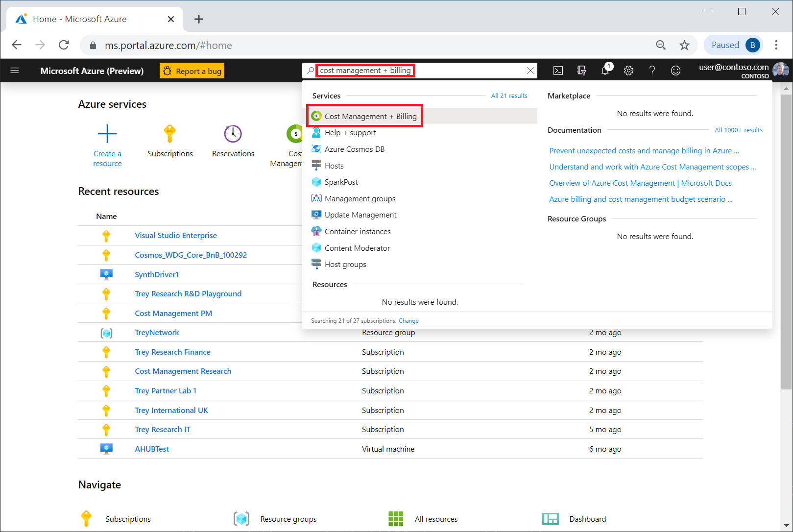 Captura de tela mostrando uma pesquisa no portal do Azure para Gerenciamento de Custos + Cobrança.