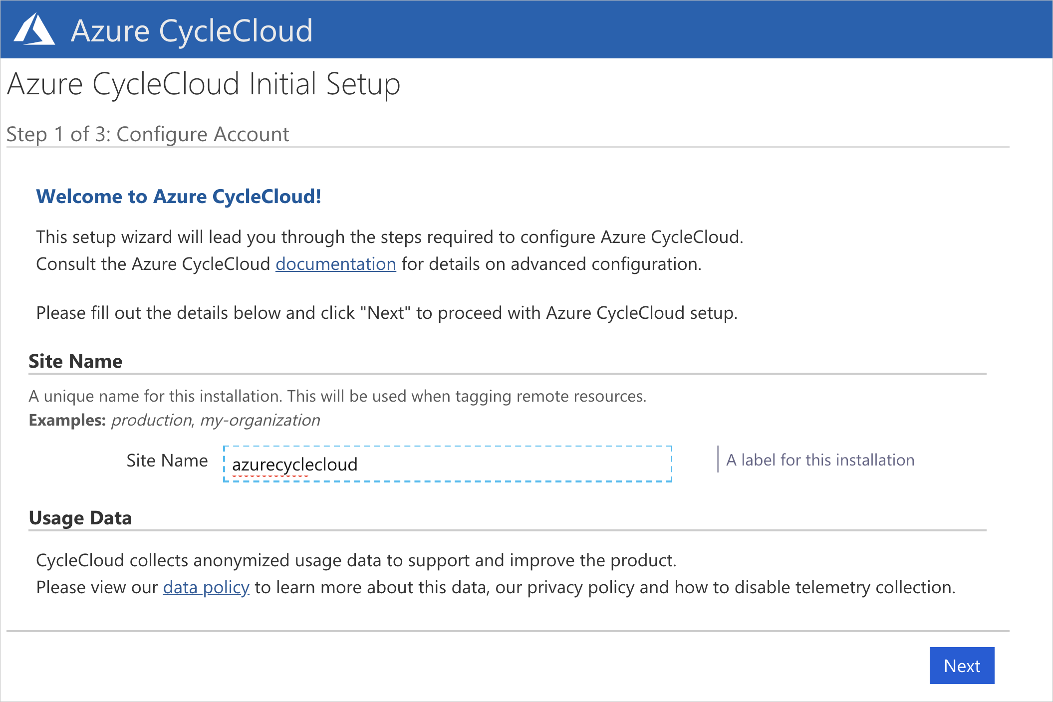 Tela de boas-vindas do CycleCloud