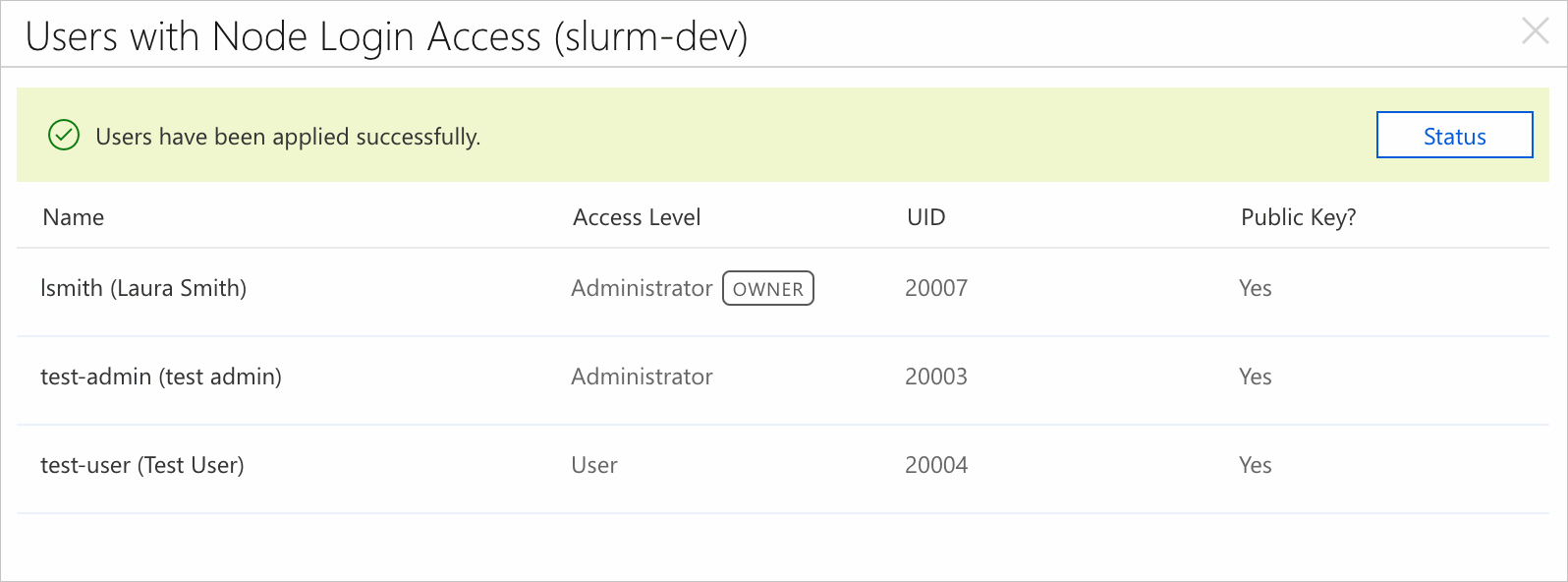 Caixa de diálogo Usuários do Cluster