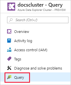 Captura de tela de um cluster do Azure Data Explorer no portal do Azure. O item de consulta está realçado.