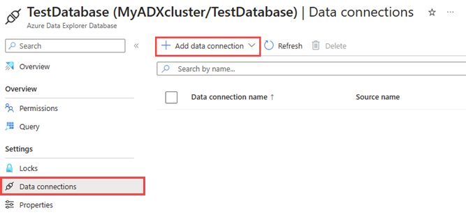 Captura de tela da página de conexões de dados. A opção para adicionar uma conexão de dados é destacada.