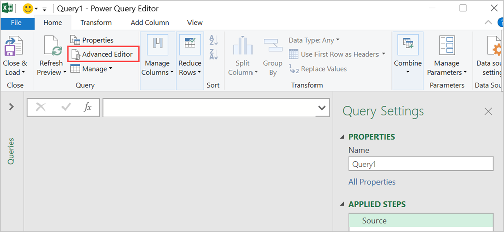 Captura de ecrã que mostra a janela do editor do Power Query.