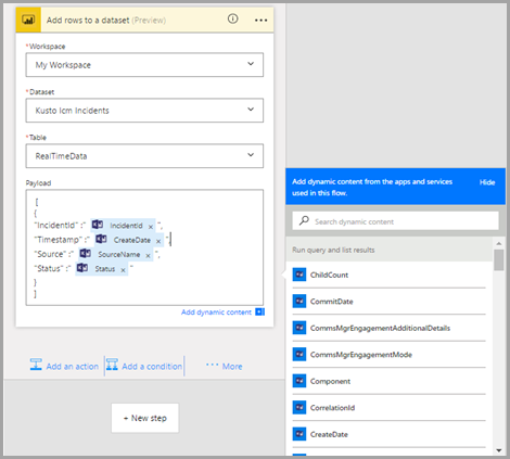 Captura de tela da ação do Power BI, mostrando os campos de ação.