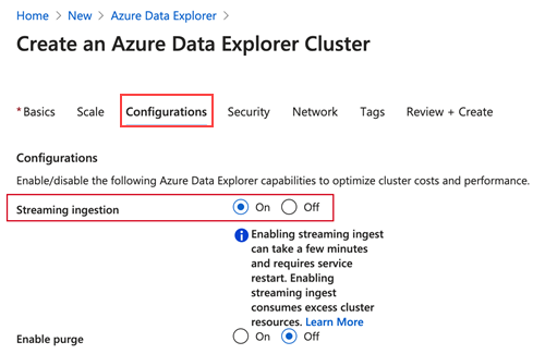 Habilitar ingestão de streaming ao criar um cluster no Azure Data Explorer.