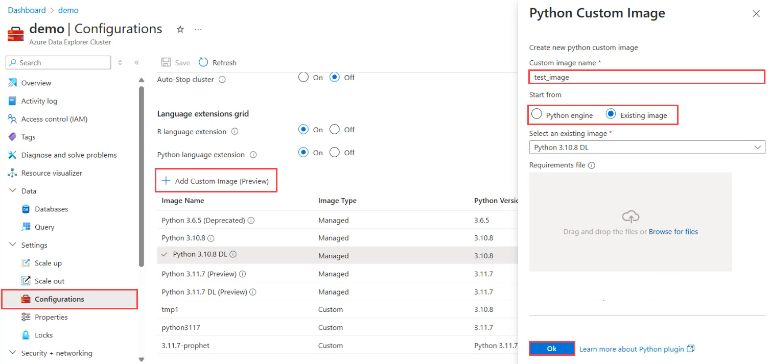 Captura de tela da página de configuração do cluster do Azure Data Explorer mostrando o painel de criação de imagem personalizado.