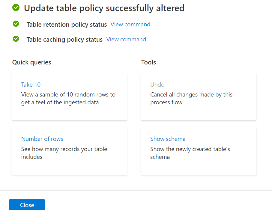 Captura da tela final no assistente para atualizar a política de retenção da tabela para o Azure Data Explorer.