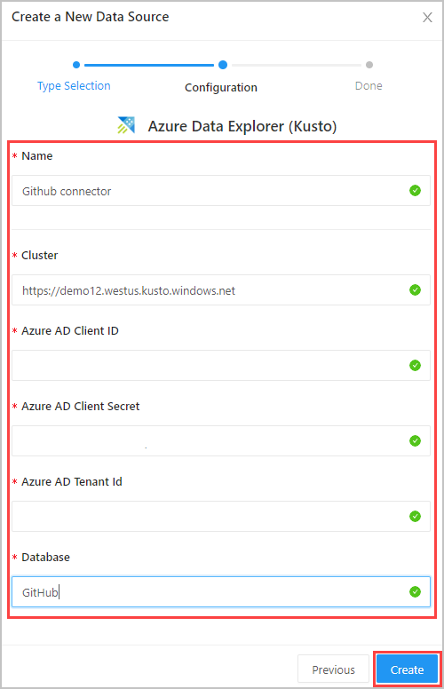 Janela de configurações Azure Data Explorer (Kusto).