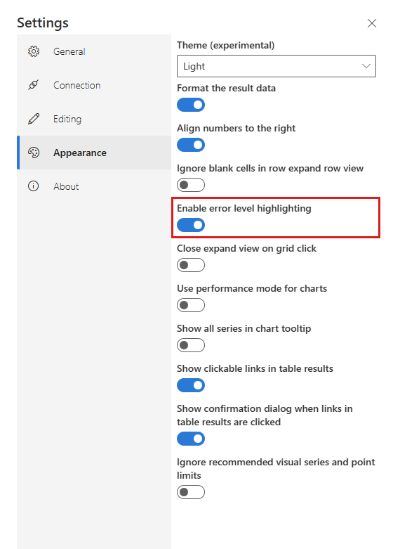 Captura de tela que mostra como habilitar o realce de nível de erro nas configurações.