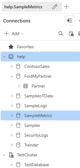 Captura de tela do painel de conexão de cluster da interface do usuário do Azure Data Explorer mostrando bancos de dados e tabelas de exemplo em um diagrama de árvore.