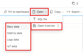 Captura de tela mostrando o menu suspenso da interface do usuário da Web do Azure Data Explorer para escolher tutoriais de modelo na janela de consulta.