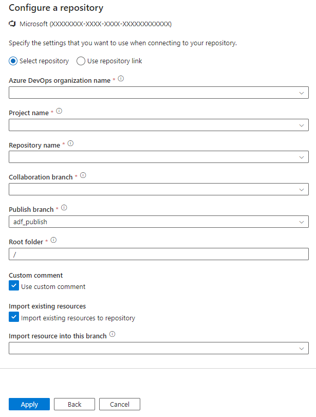 Captura de tela mostrando as configurações de Definir um repositório.