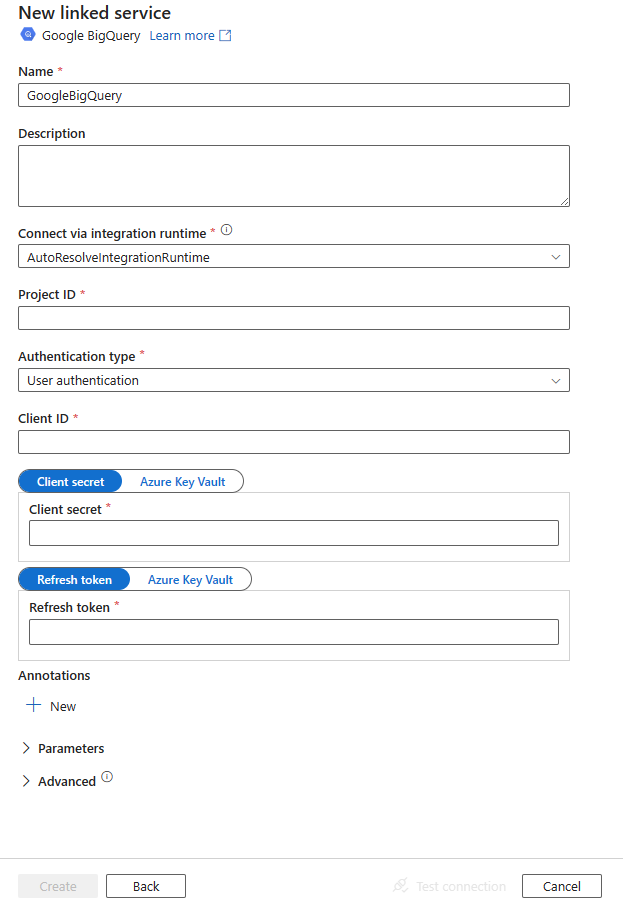 Captura de tela da configuração do serviço vinculado para Google BigQuery.