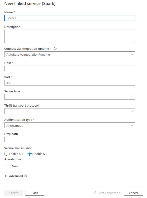 Captura de tela da configuração do serviço vinculado ao Spark.