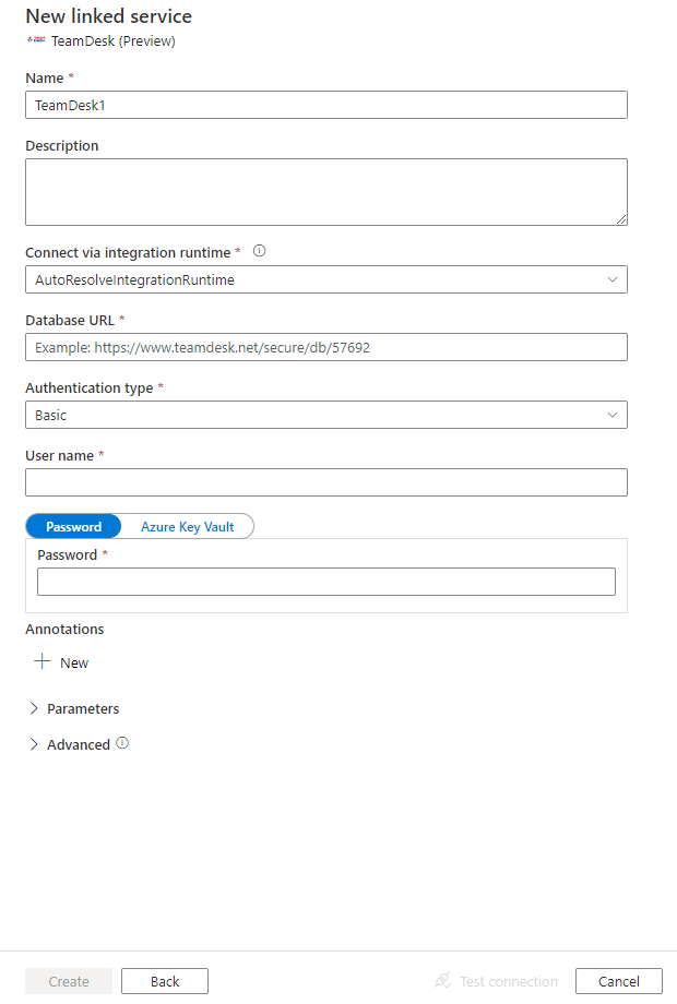 Captura de tela da configuração do serviço vinculado do TeamDesk.