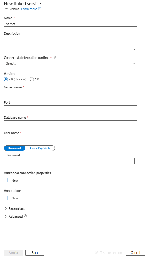 Captura de tela da configuração do serviço vinculado para o Vertica.