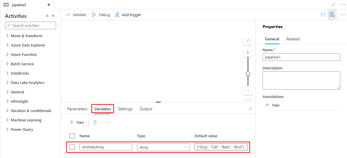 Mostra uma tela do pipeline vazia com uma variável de tipo de matriz adicionada ao pipeline.