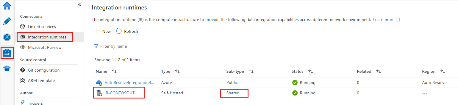 Seleções para localizar um runtime de integração compartilhado